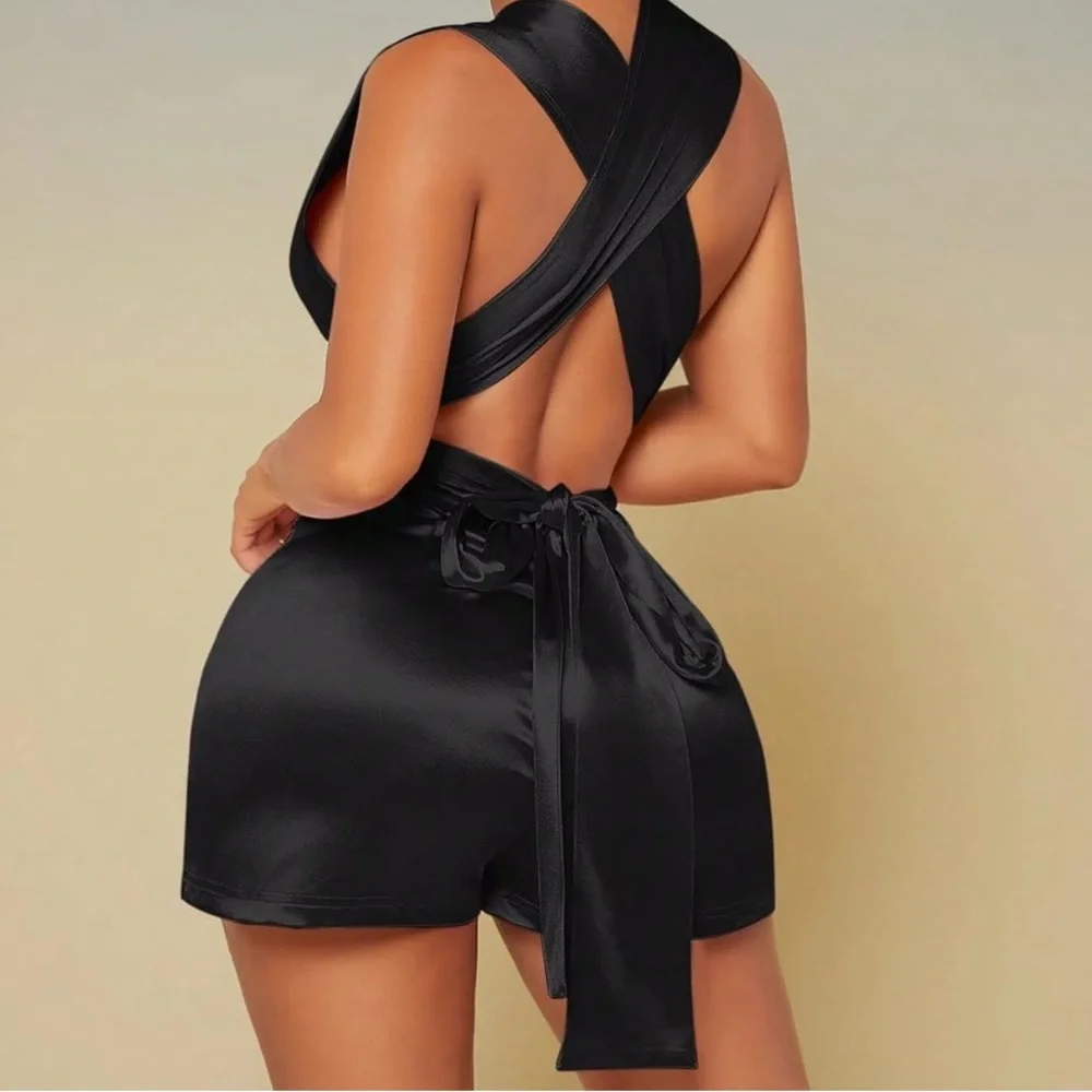 Black Satin Halter Romper - NEW - Picture 5 of 6